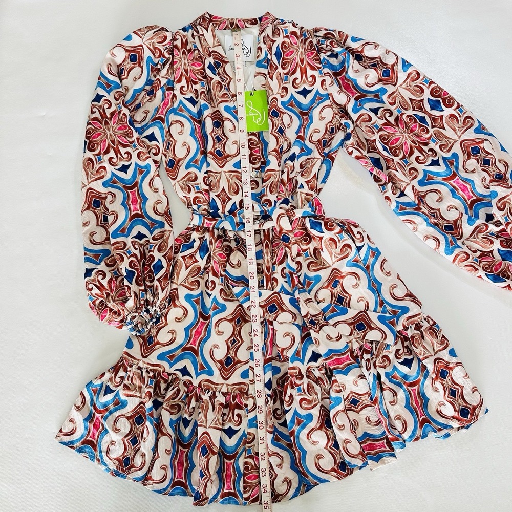NWT Sam Edelman Women's Size 2 Long Sleeve Tie Waist Boho Mini Dress Multicolor - Picture 8 of 12